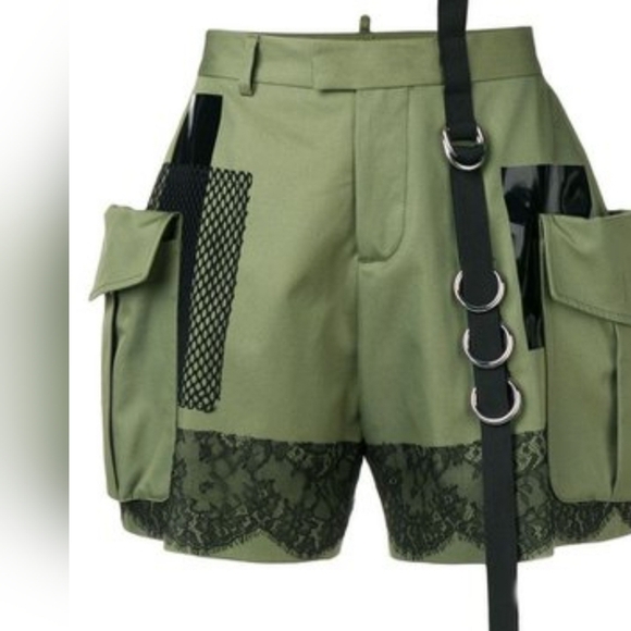 DSquared2 Military Green Cargo Lace Mesh Ring Baggy Pocket Streetwear Shorts - Picture 3 of 8
